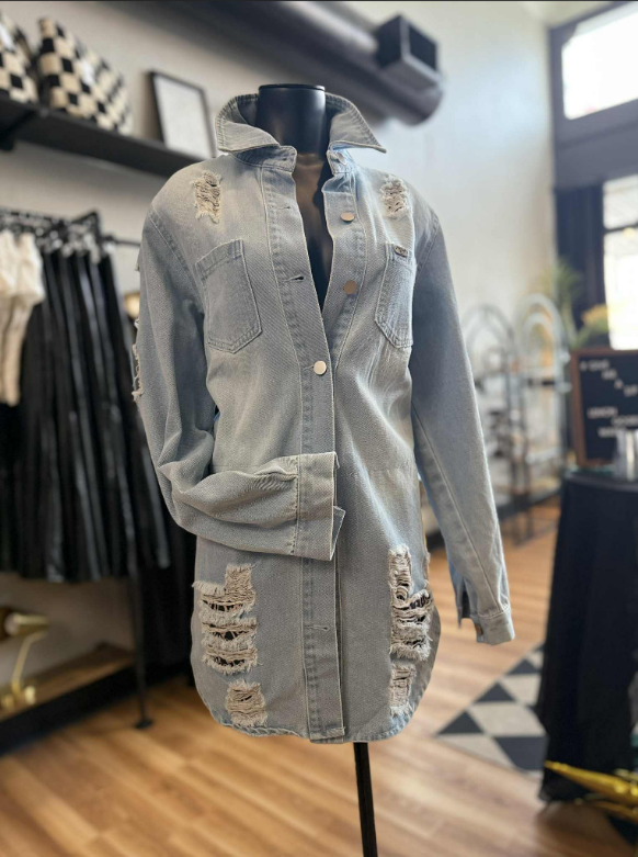Light Wash Distressed Button Down W Leopard Patch Detail