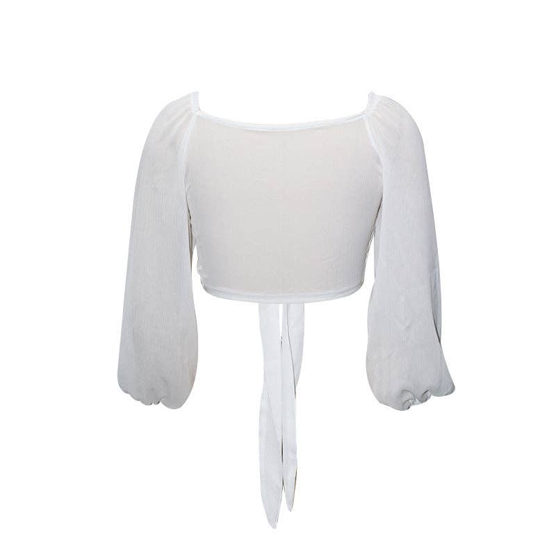 Ladies Solid Color Long Sleeves Bow Tie Crop Top