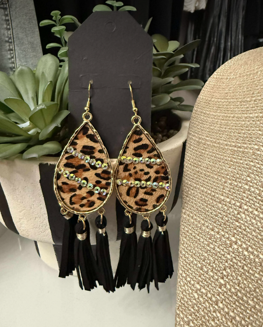 Leopard Fringe Tear Drop Gold Earrings