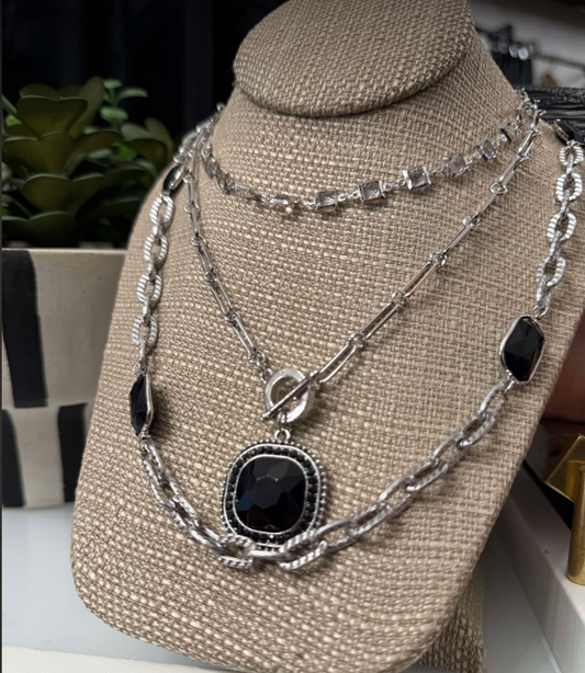 Long Silver Necklace with Black Pendant
