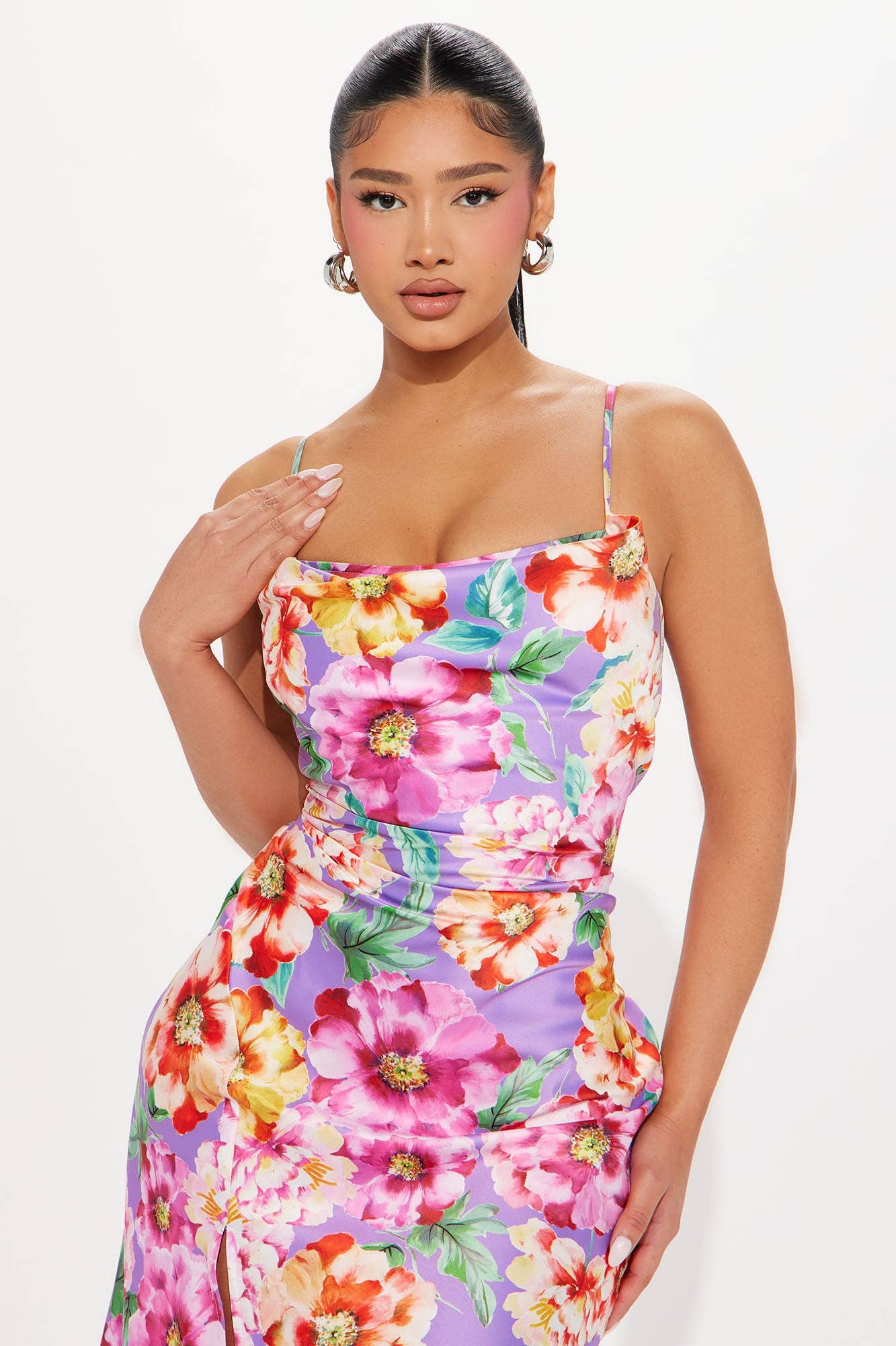 FLORAL PRINT ASYMMETRICAL HEM MIDI DRESS