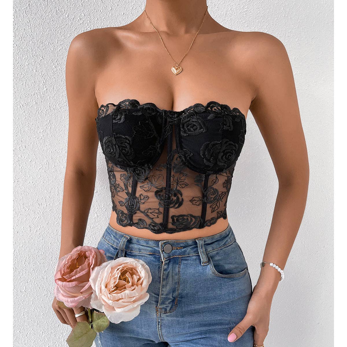 Sexy Rose Lace Strapless Corset