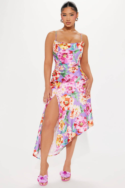 FLORAL PRINT ASYMMETRICAL HEM MIDI DRESS