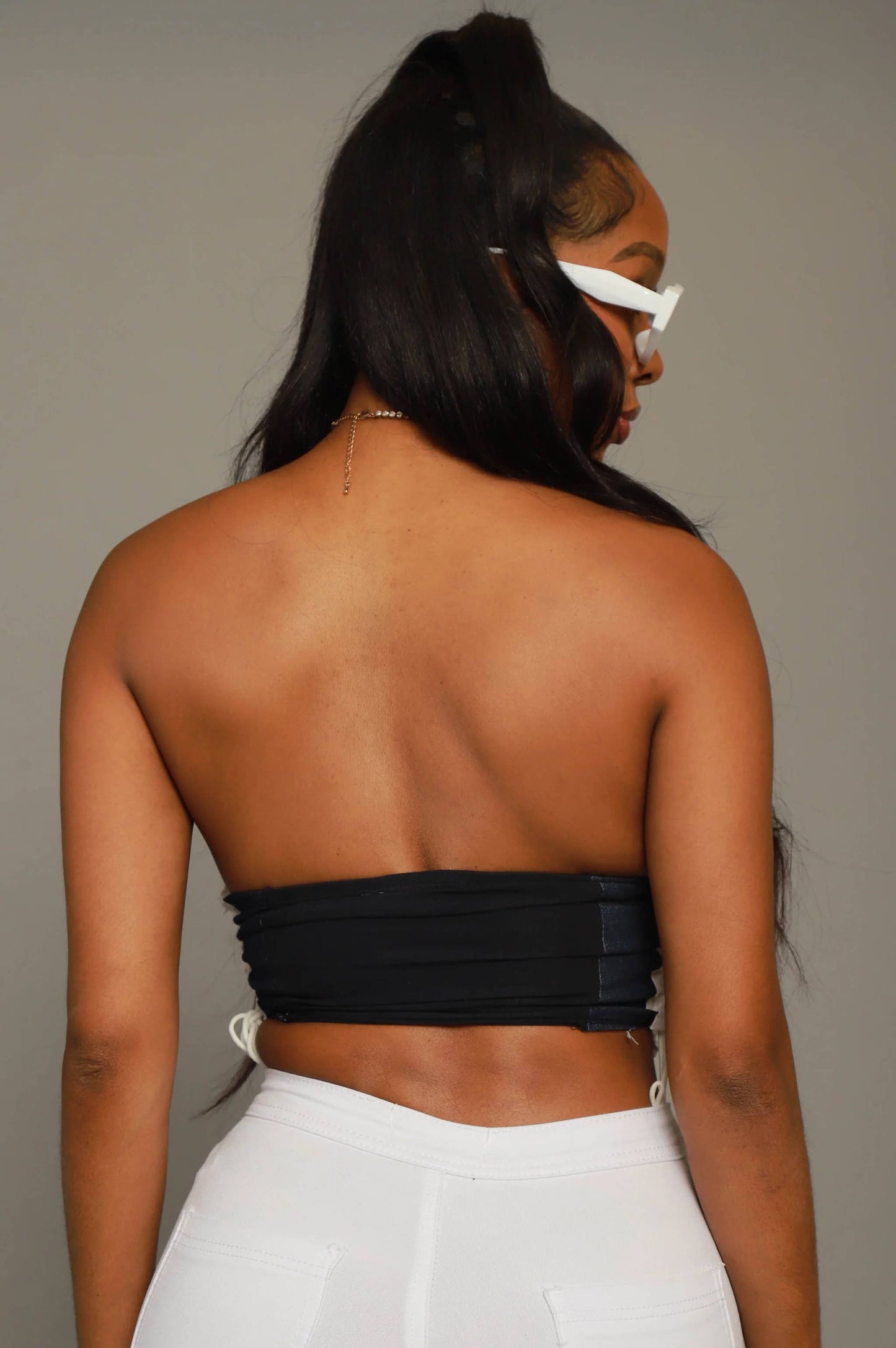 HARD ROCK PRINTED DENIM DETAIL LACE UP SIDE STRAPLESS TOP