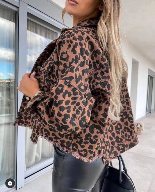 Ladies Long Sleeves Leopard Print Denim Jacket