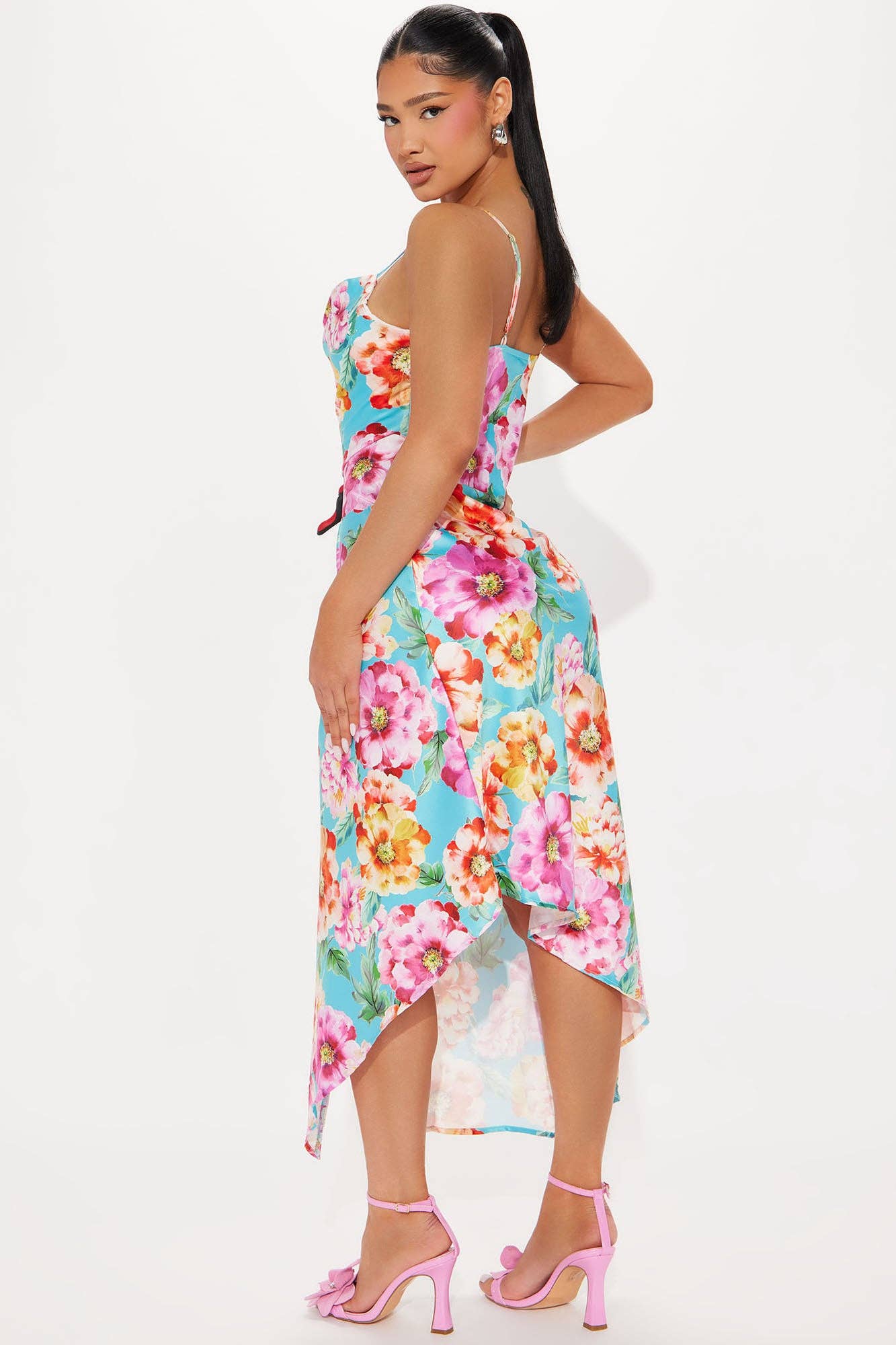 FLORAL PRINT ASYMMETRICAL HEM MIDI DRESS