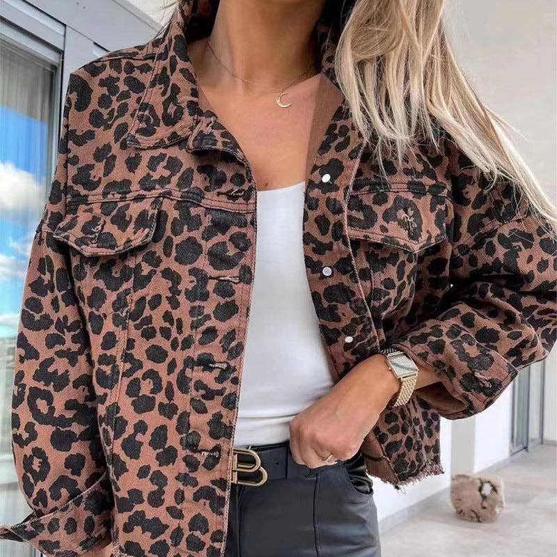 Ladies Long Sleeves Leopard Print Denim Jacket