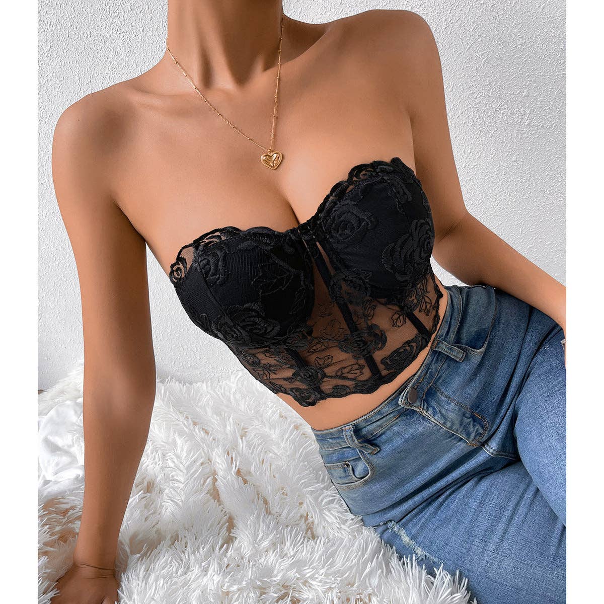 Sexy Rose Lace Strapless Corset
