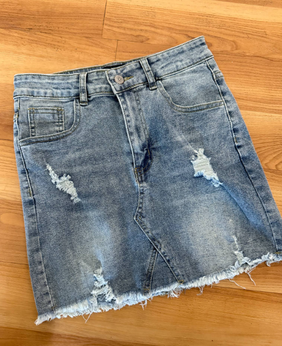 Denim Stretch Skirt with Distressed