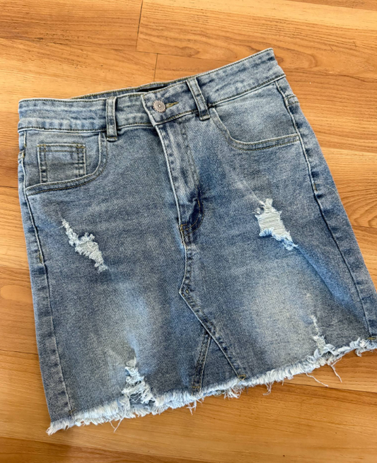 Denim Stretch Skirt with Distressed
