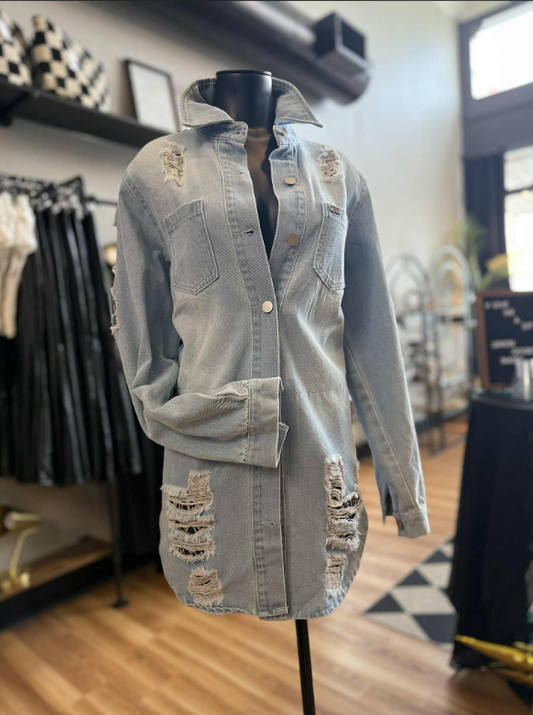 Light Wash Distressed Button Down W Leopard Patch Detail