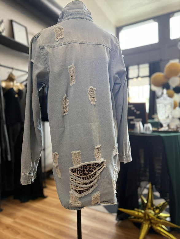 Light Wash Distressed Button Down W Leopard Patch Detail