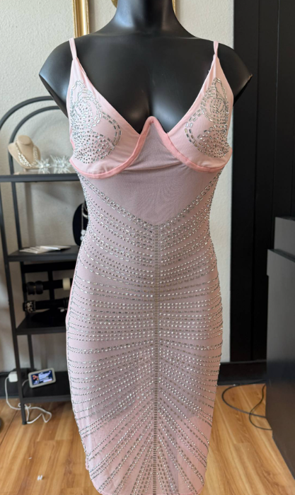 Soft Pink Rhinestone Mesh Dress