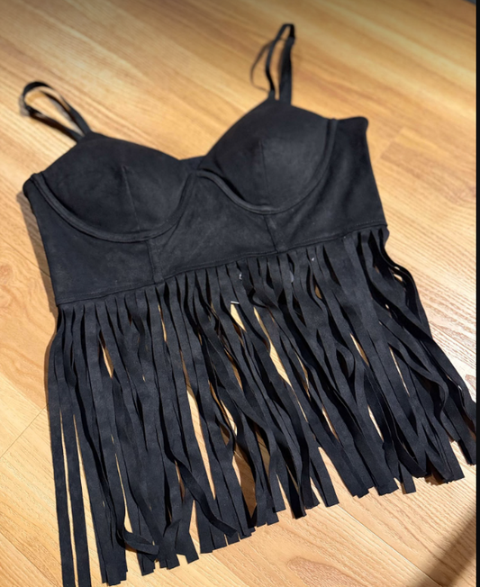 Black Suede Corset Fringe Crop Top