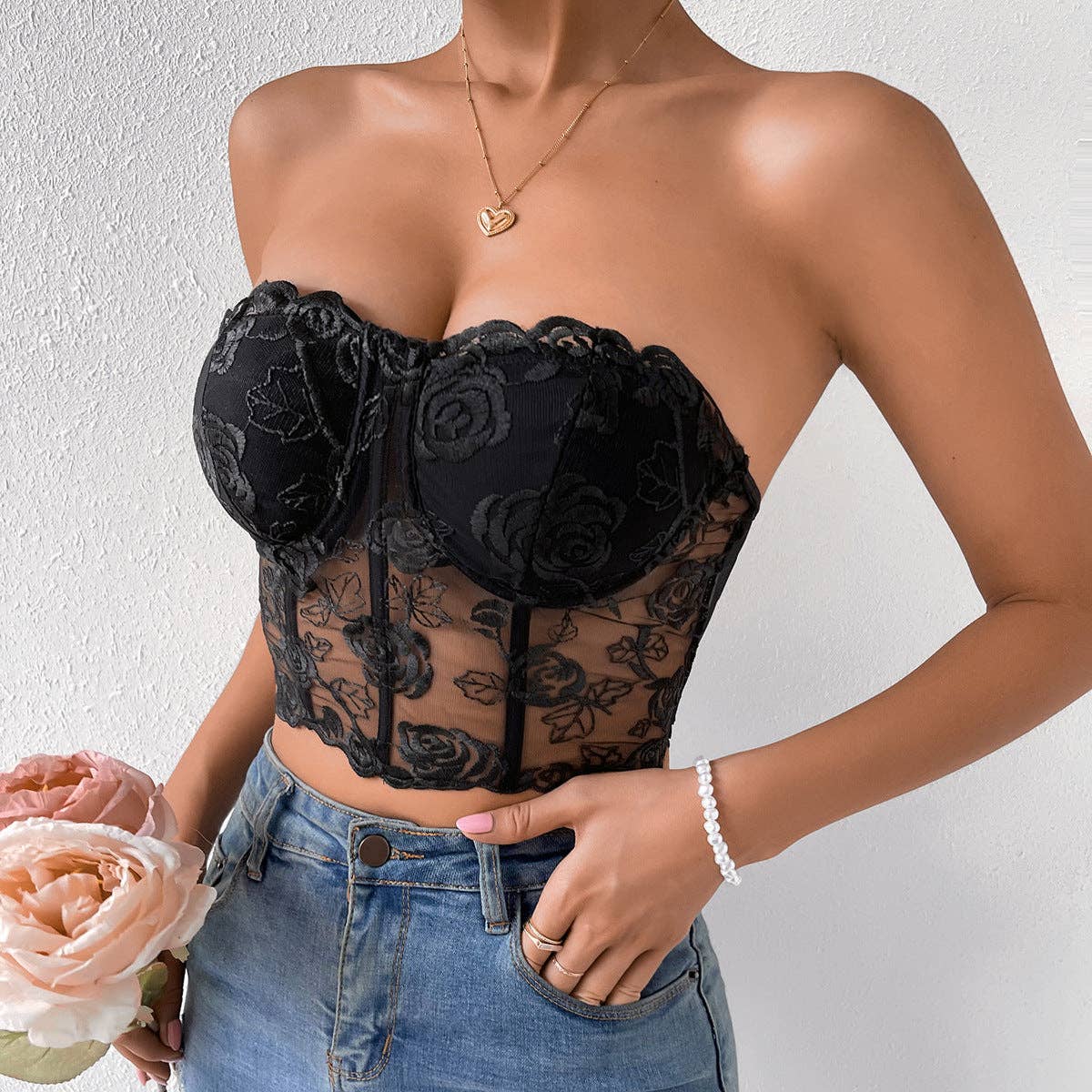 Sexy Rose Lace Strapless Corset