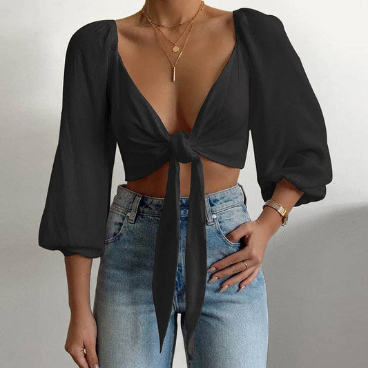 Ladies Solid Color Long Sleeves Bow Tie Crop Top