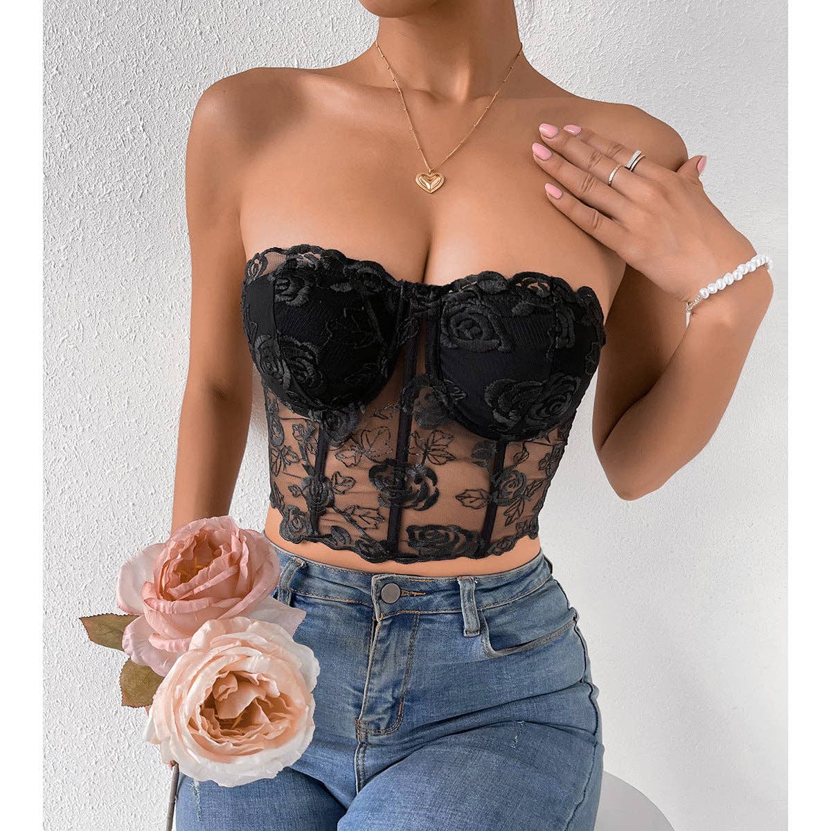 Sexy Rose Lace Strapless Corset