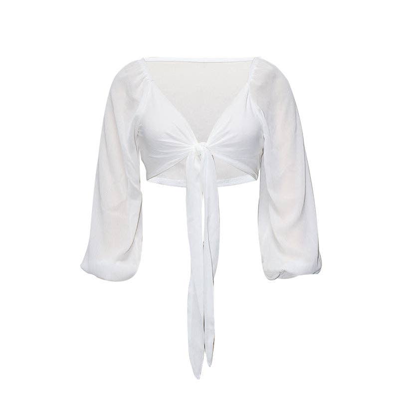 Ladies Solid Color Long Sleeves Bow Tie Crop Top