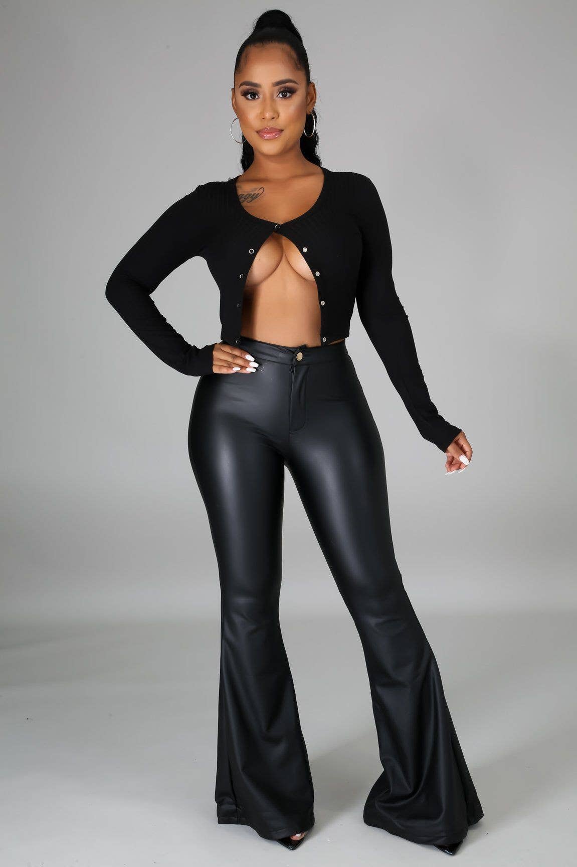Faux Leather Bell Bottom Pants.