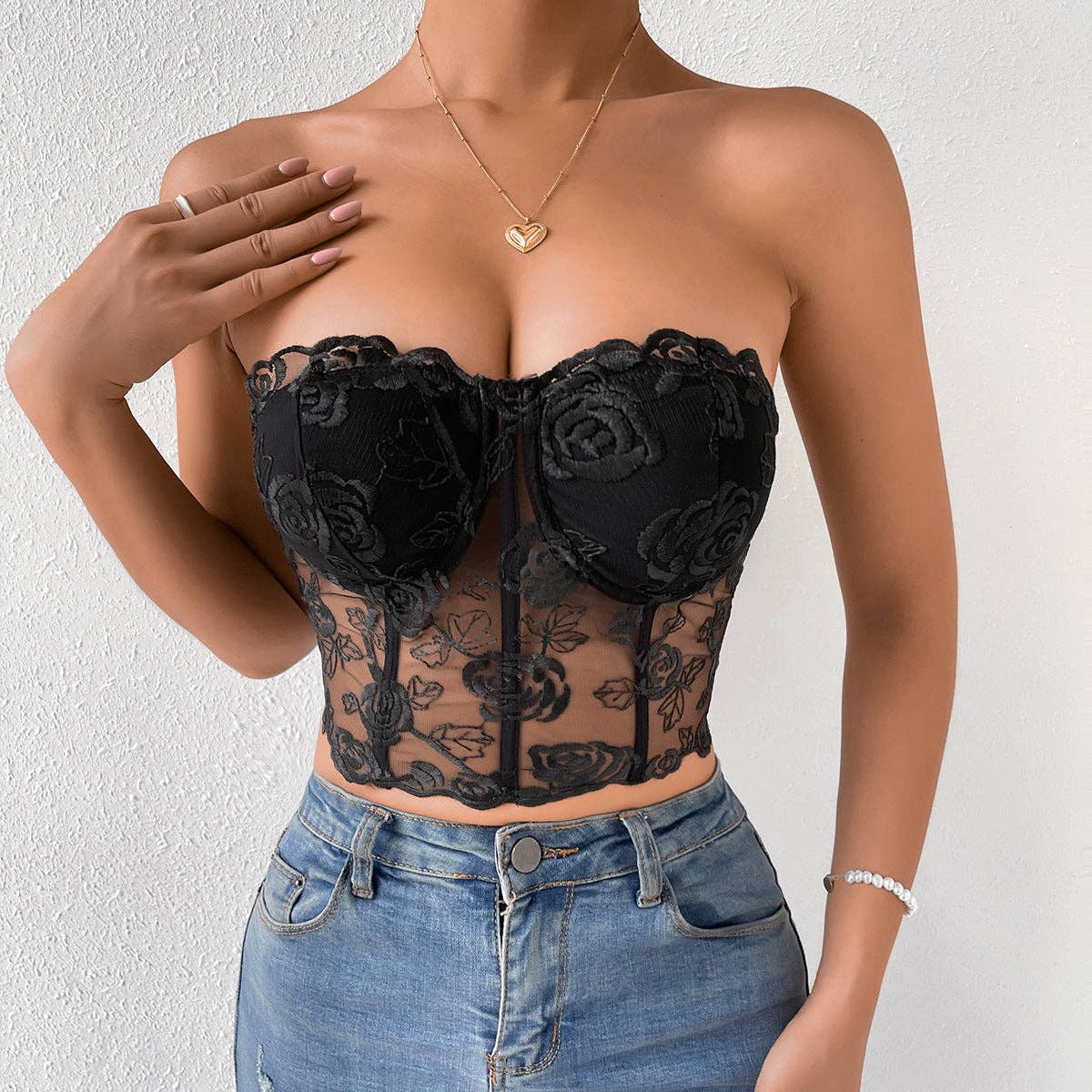 Sexy Rose Lace Strapless Corset