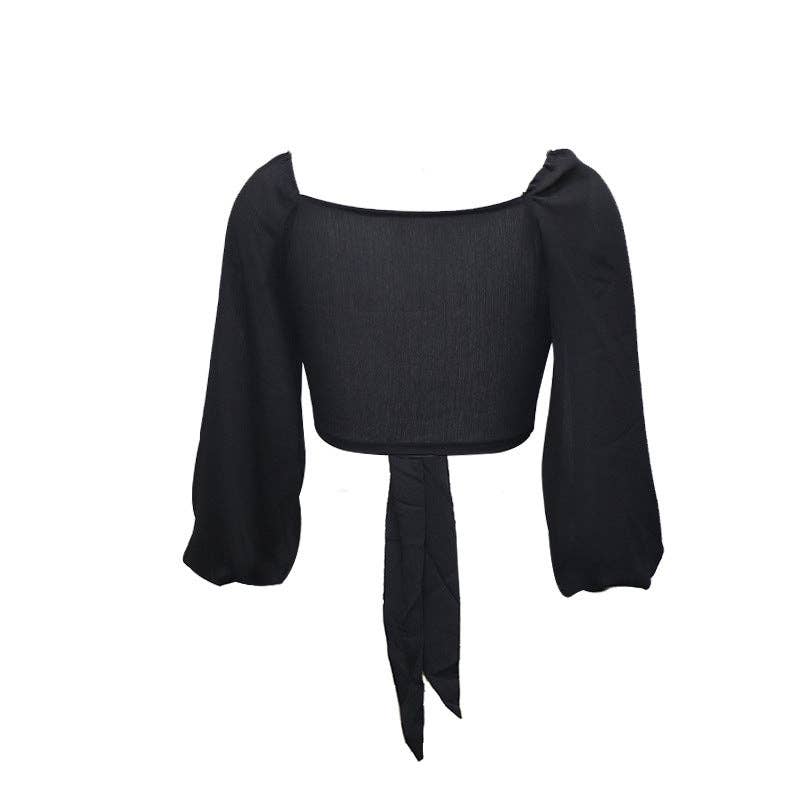 Ladies Solid Color Long Sleeves Bow Tie Crop Top