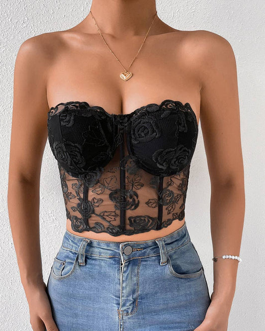 Sexy Rose Lace Strapless Corset