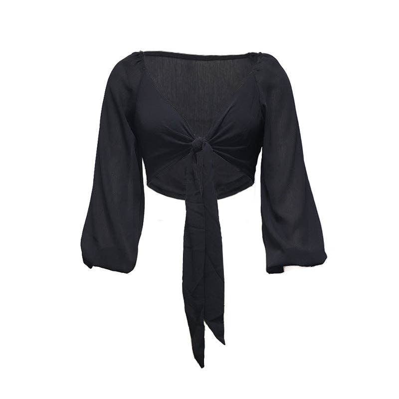 Ladies Solid Color Long Sleeves Bow Tie Crop Top